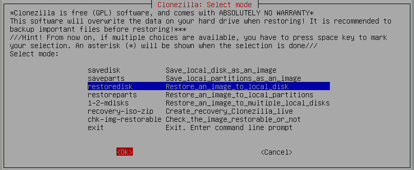 restore or save disk Clonezilla